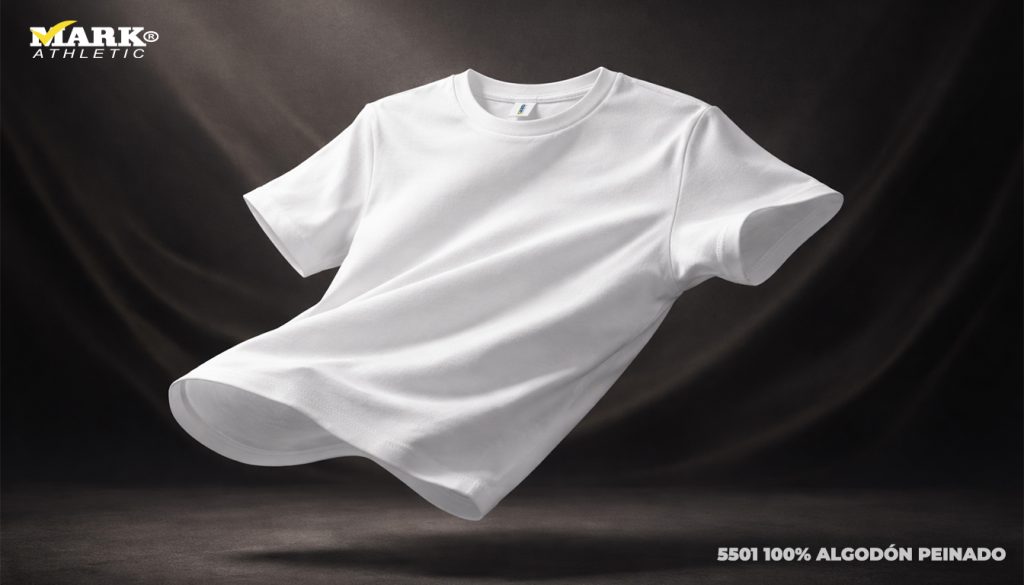 Playera lisa premium flotando sobre fondo elegante para personalización textil