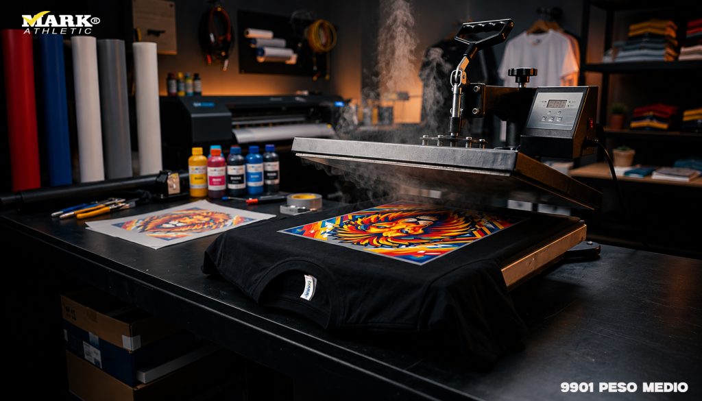 Playera 9901 peso medio para DTF en proceso de estampado textil profesional