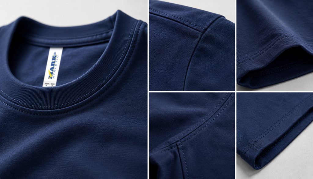 Detalle de costuras reforzadas y doble costura en una playera de algodón premium, mostrando acabados de calidad en cuello, hombros, mangas y dobladillo.