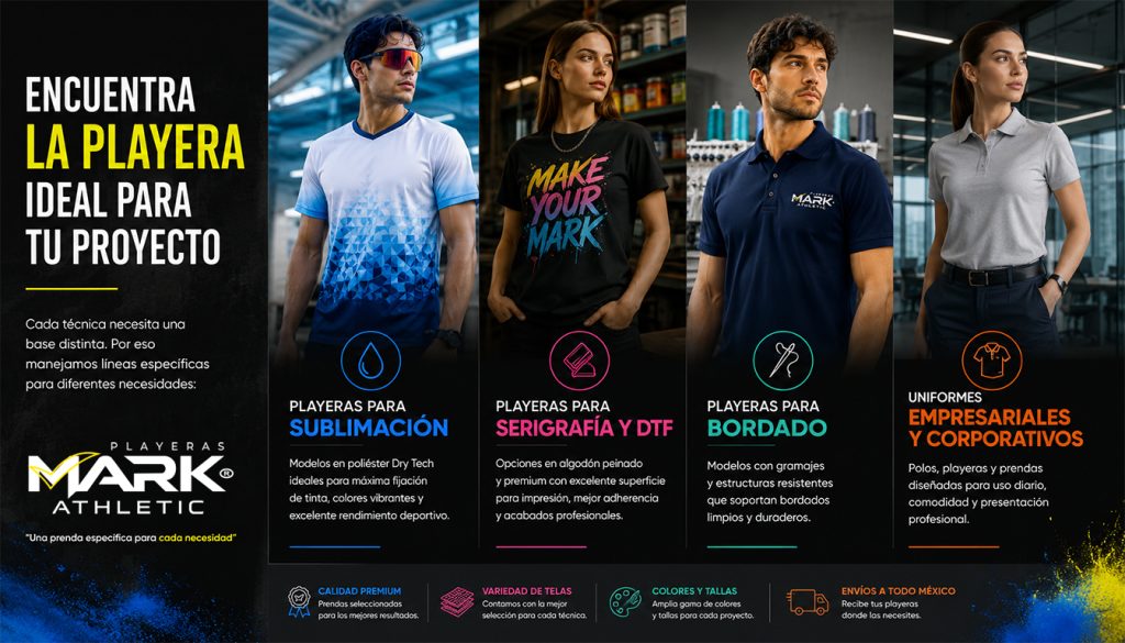 Playeras para sublimación, serigrafía, DTF, bordado y uniformes empresariales de alta calidad para diferentes proyectos en México.