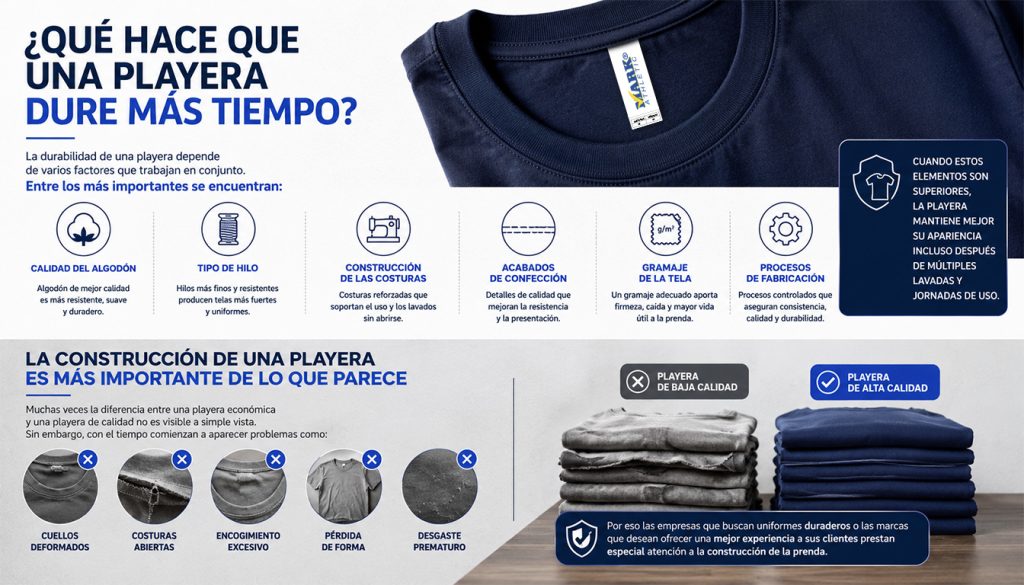 Infografía sobre los factores que determinan la durabilidad de una playera, incluyendo calidad del algodón, tipo de hilo, costuras, gramaje y procesos de fabricación.