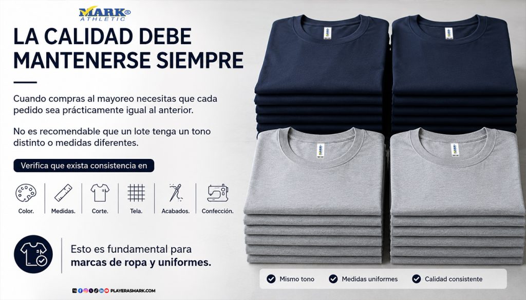 Control de calidad en Playeras Mark con playeras al mayoreo de color y medidas consistentes para uniformes, marcas de ropa y personalización.
