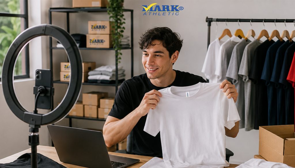 Creador de contenido mostrando una playera del Programa de Embajadores de Playeras Mark