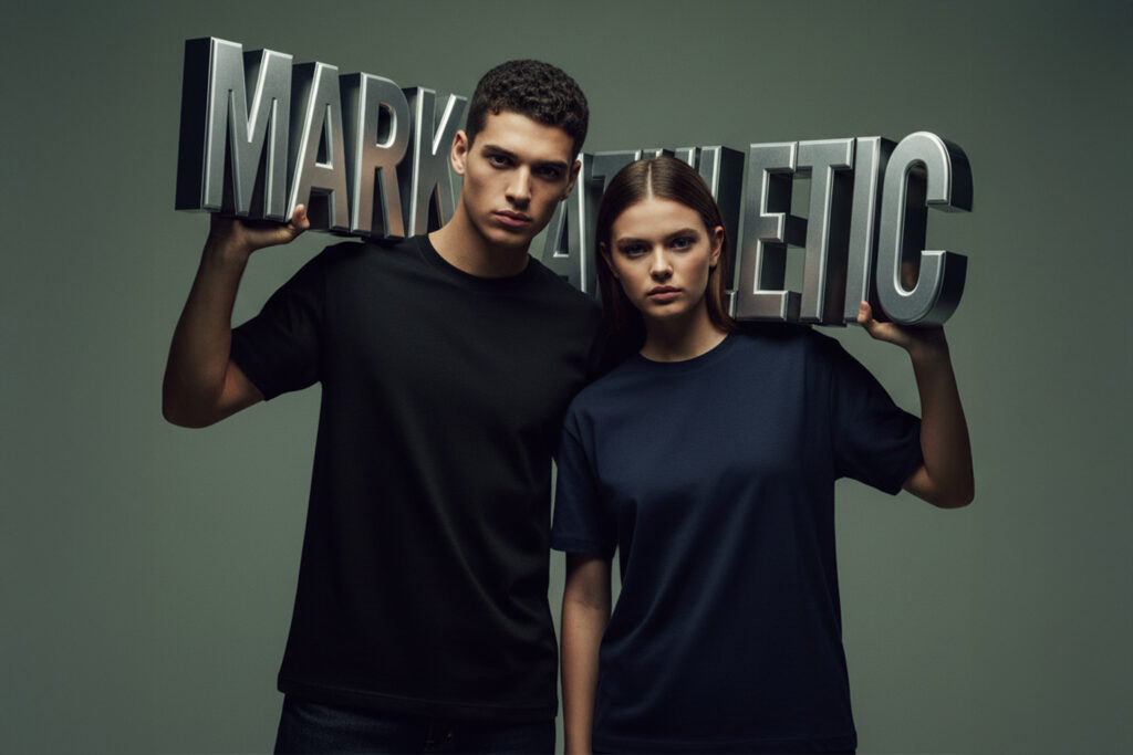Dos modelos posando con estilo urbano frente al letrero de Mark Athletic, usando playeras 9901 Peso Medio en una campaña publicitaria.
