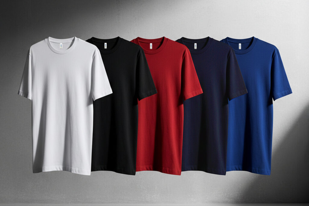 Playeras 9901 de Playeras Mark alineadas mostrando todos sus colores disponibles: Blanco, Negro, Marino, Rojo y Royal.