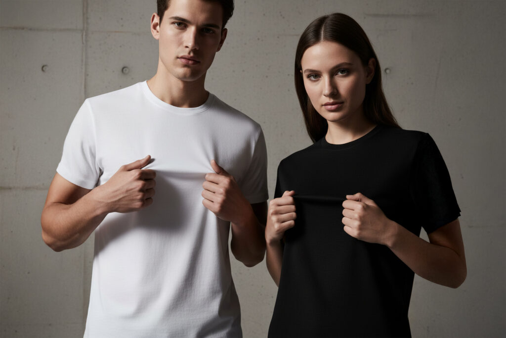 Hombre y mujer modelando playeras unisex 9901 de Playeras Mark, mostrando la suavidad y caída del algodón premium.