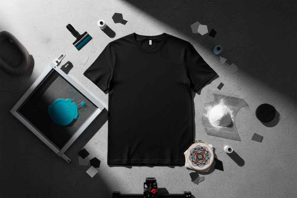 Playera 9901 de Playeras Mark rodeada de herramientas de serigrafía, DTF, vinil textil e impresión directa, representando su compatibilidad con todas las técnicas de estampado.