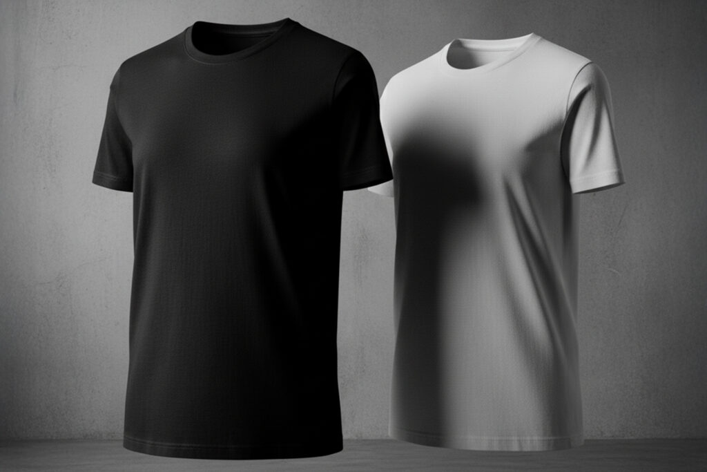 Dos playeras unisex 9901 Peso Medio de Playeras Mark en colores negro y blanco, mostrando su diseño tubular sin costuras laterales.