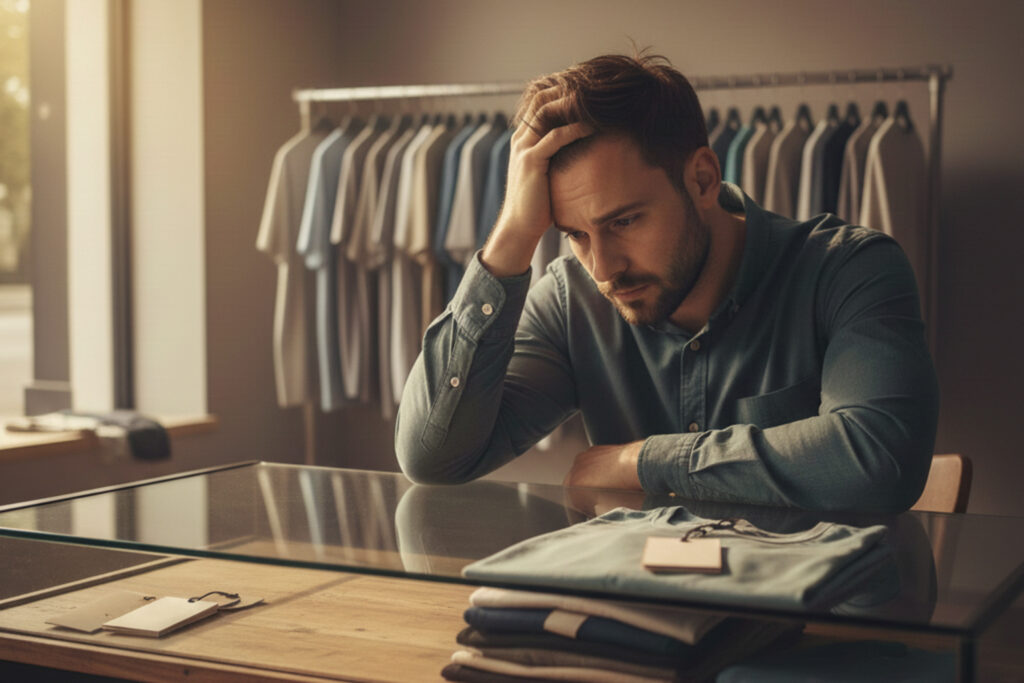 Emprendedor preocupado en su negocio de playeras, sentado frente a una mesa con prendas, reflexionando sobre cómo atraer más clientes.