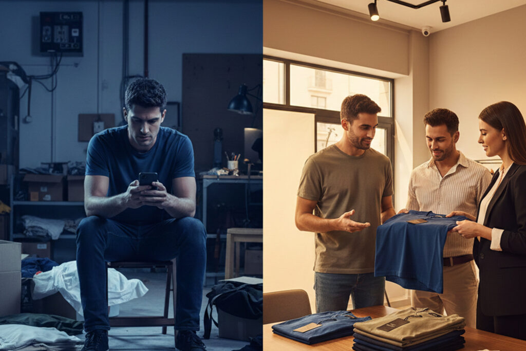 Emprendedor recibiendo asesoría y apoyo para su negocio de playeras, comparando decisiones entre estancamiento y crecimiento.