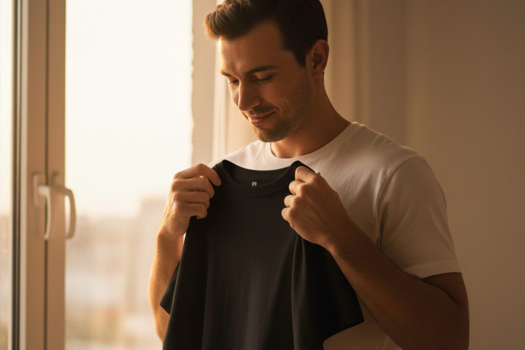 Hombre observando su playera favorita con expresión de satisfacción, en un ambiente cálido y natural que transmite apego a la calidad.