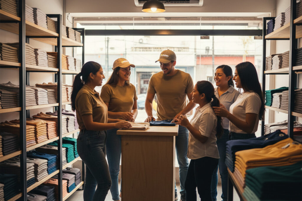 Emprendedores atendiendo clientes en una tienda de playeras Mark, mostrando productos en un ambiente profesional y de confianza.