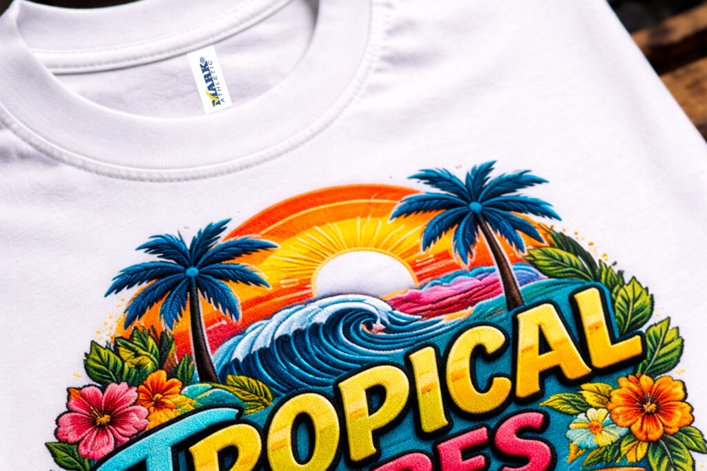 Playera blanca 9901 peso medio con bordado decorativo estilo moda, mostrando la calidad del algodón y la definición del bordado.