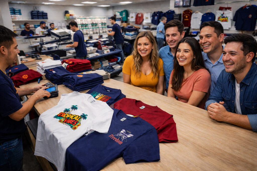 Clientes satisfechos en tienda de personalización observando y eligiendo playeras 9901 peso medio mientras el taller trabaja al fondo.