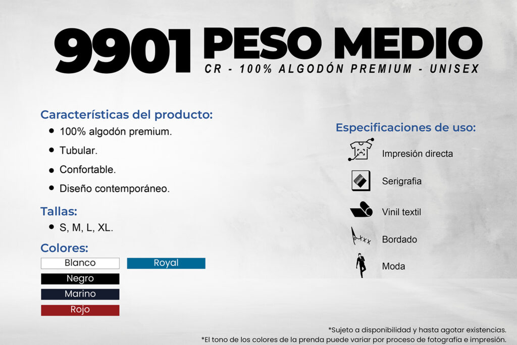 Playera 9901 peso medio con especificaciones técnicas, ideal para transformadores de prenda, con información de peso, composición y usos recomendados.✔️ Accesible ✔️ Describe la imagen ✔️ Incluye palabras clave sin verse forzado