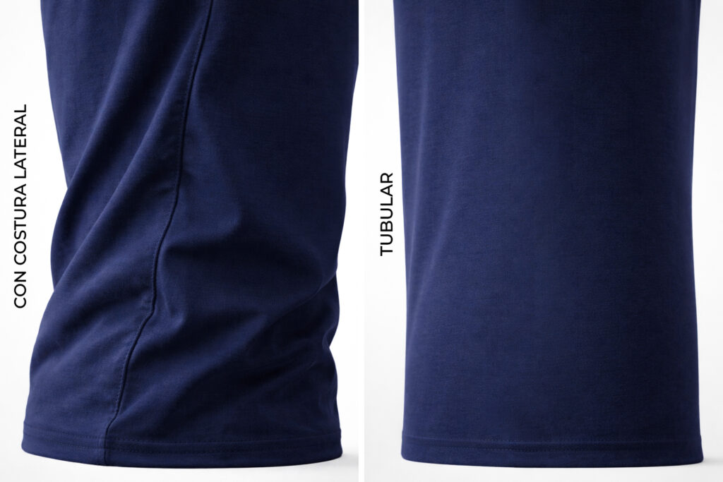 Comparación de costado de playera 9901 peso medio color marino: a la izquierda prenda con costura lateral deformada y a la derecha playera tubular sin costuras con caída recta.