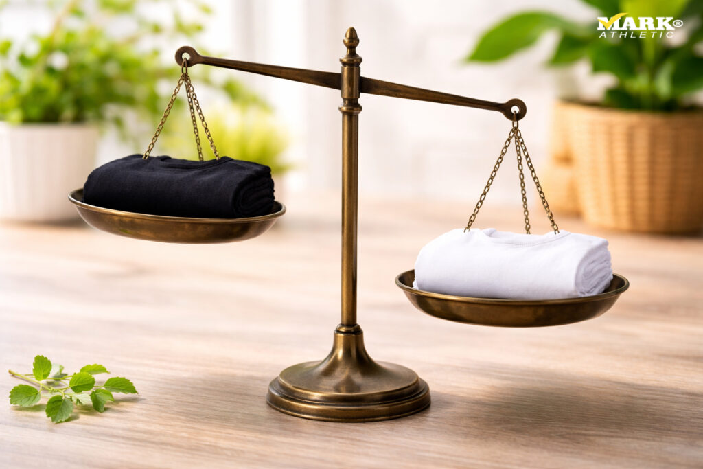 Comparación de gramaje entre playera blanca y negra mostrando diferencia de peso en balanza