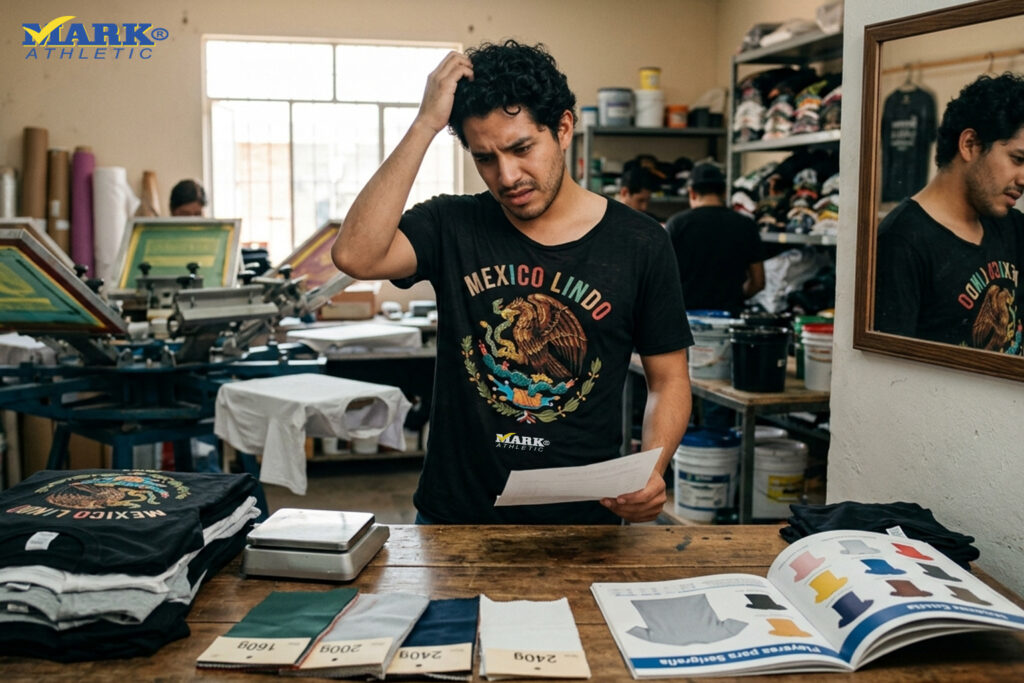 Persona confundida al elegir playera con gramaje incorrecto revisando materiales de estampado