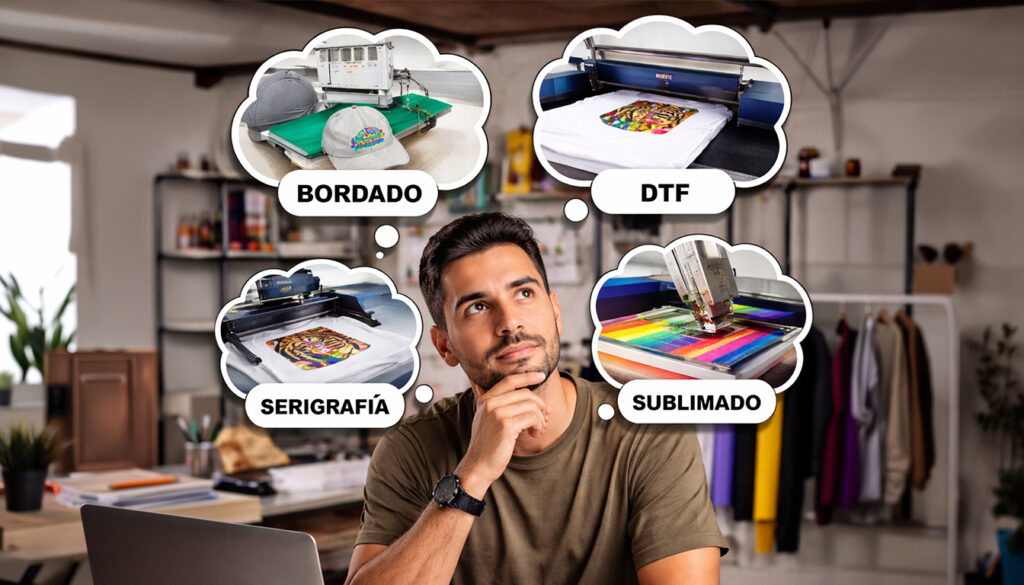Hombre mexicano pensando en iniciar un negocio de playeras personalizadas con técnicas como serigrafía, DTF, bordado y sublimación con Mark Athletic