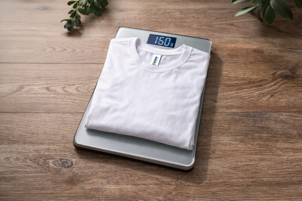 Playera 5501 de algodón peinado pesándose en báscula mostrando gramaje de 160 g ideal para estampar