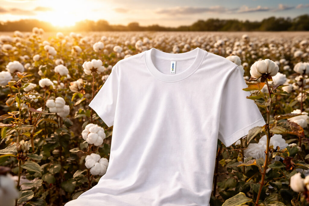 Playera de algodón premium con fondo de campo de algodón representando la calidad de las telas para playeras