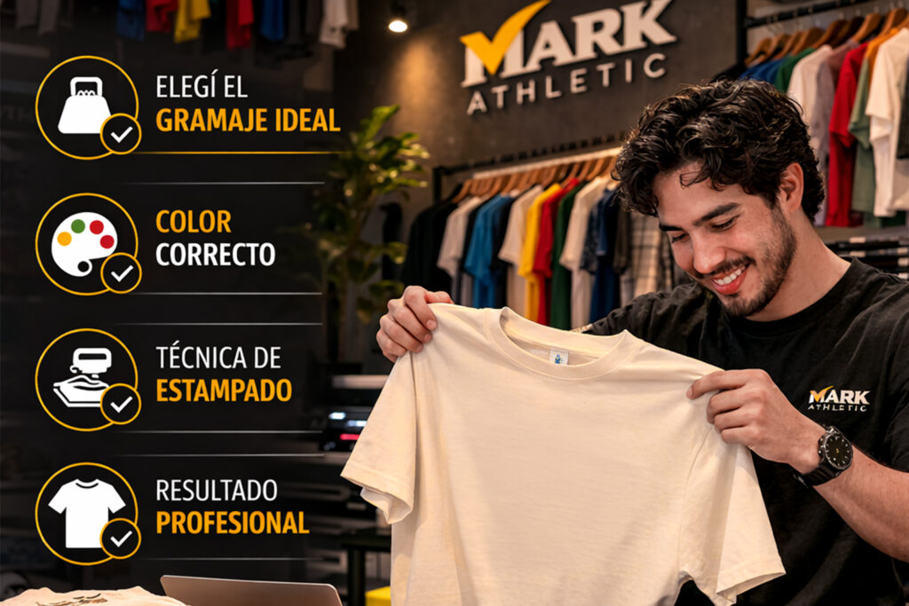 Emprendedor feliz mostrando playera Mark Athletic con estampado final de alta calidad