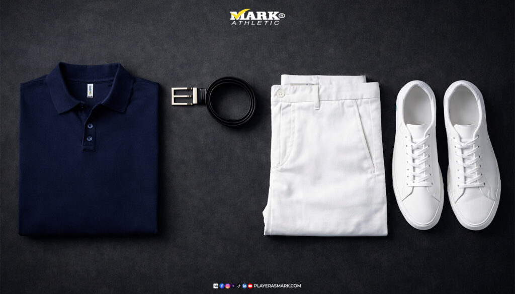 Outfit con playera polo 1451 azul marino, pantalón blanco, cinturón negro y tenis blancos para uniforme casual empresarial Playeras Mark
