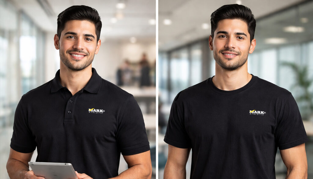 Comparativa entre playera tipo polo negra y playera negra básica para imagen profesional Playeras Mark