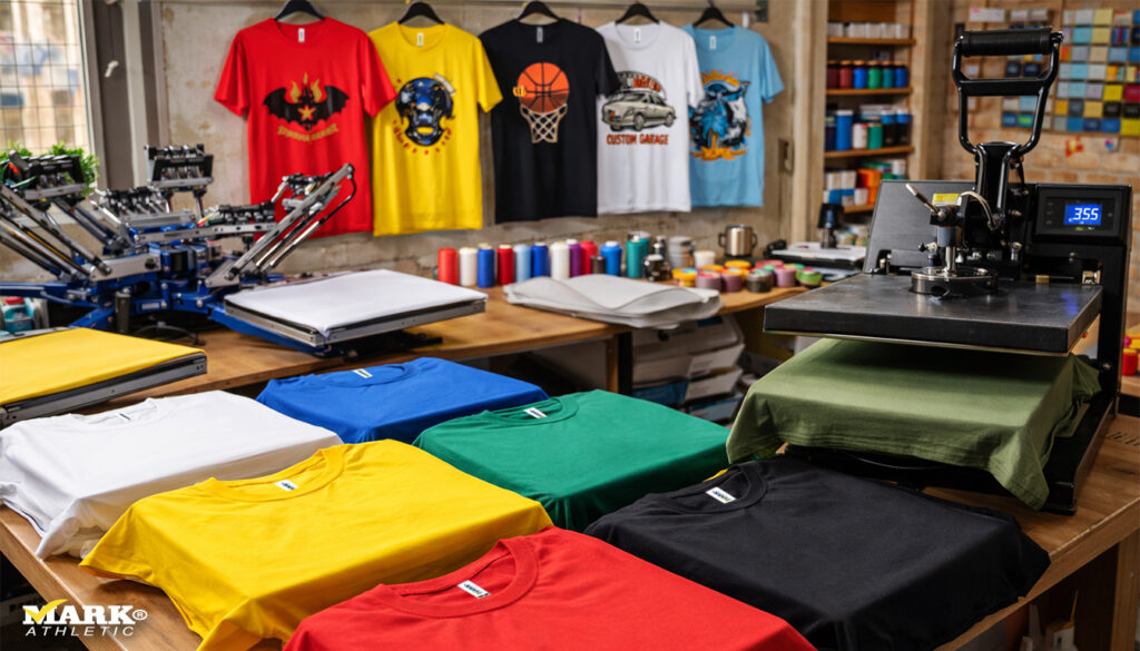 Taller de estampado de playeras en México con maquinaria de serigrafía y DTF, playeras lisas listas para personalizar y playeras estampadas colgadas