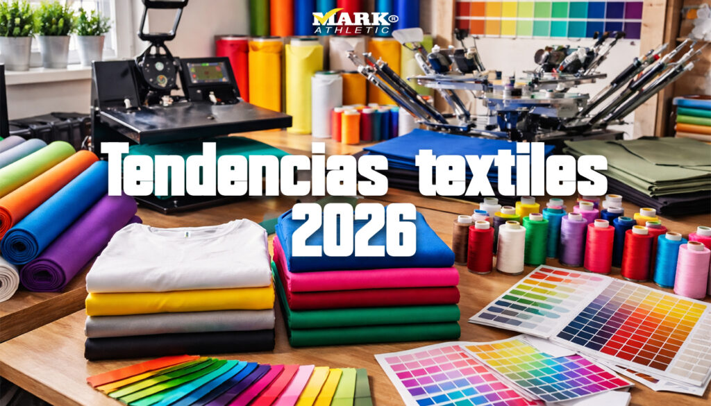 Tendencias textiles 2026 con playeras lisas, telas, muestrarios de colores y maquinaria de estampado como serigrafía y DTF en México