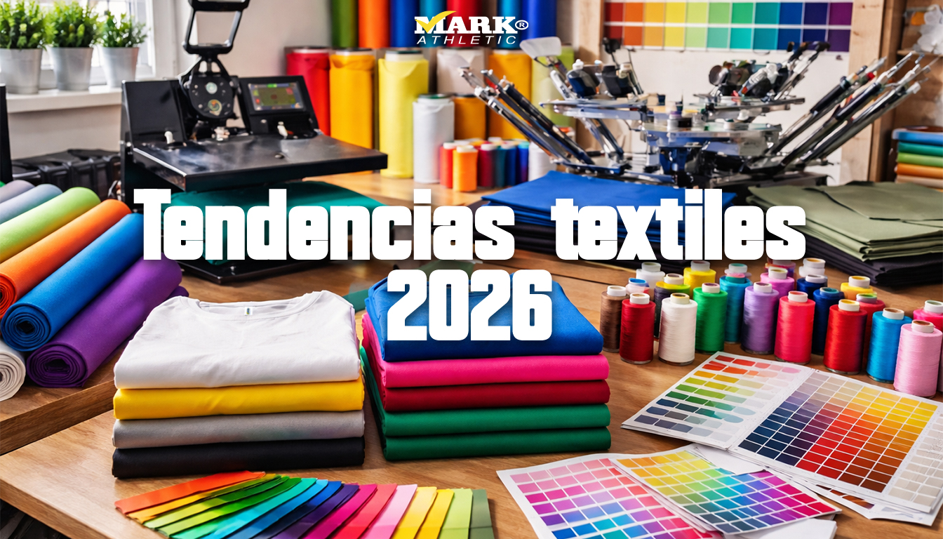 Tendencias textiles 2026 con playeras lisas, telas, muestrarios de colores y maquinaria de estampado como serigrafía y DTF en México