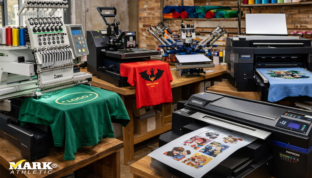 Taller de transformación de prendas Mark Athletic en México con máquinas de bordado, serigrafía, DTF y DTG para personalización de playeras