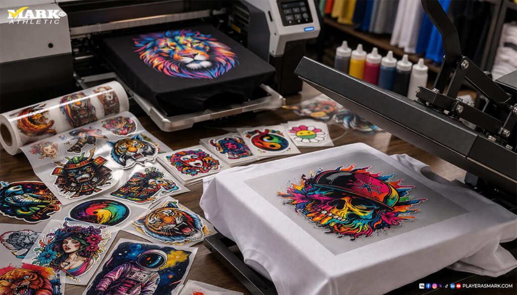 Playera de algodón peinado para DTF, DTG y serigrafía en proceso de impresión textil con stickers DTF y plancha térmica