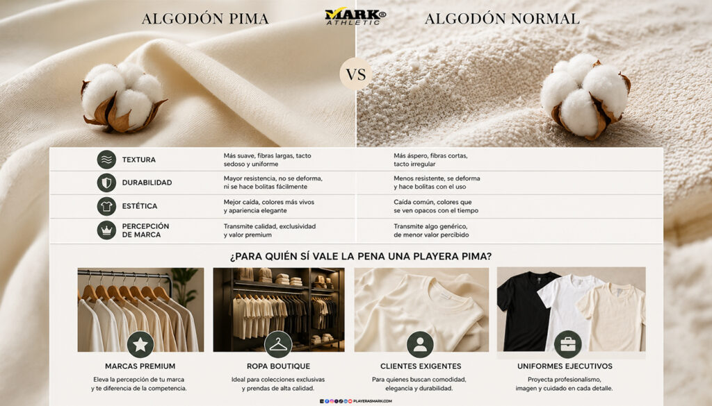 Comparación entre algodón pima y algodón normal en playeras, diferencia en textura, durabilidad y calidad premium