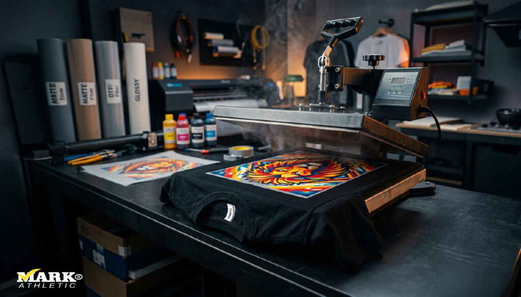 Estampado DTF en playera negra con máquina térmica profesional en taller de Playeras Mark México