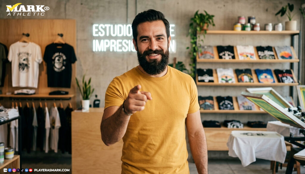 Hombre mexicano en estudio de impresión de playeras señalando a cámara, representando emprendimiento en negocio de playeras en México