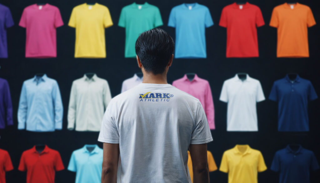 hombre eligiendo playeras para mayoreo en México con opciones de cuello redondo, manga larga y polo Playeras Mark
