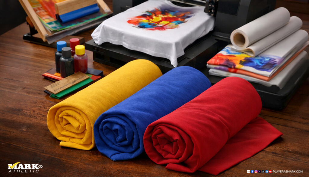 Comparativa visual de telas para estampar playeras: algodón peinado, algodón cardado y poliéster en proceso de impresión textil