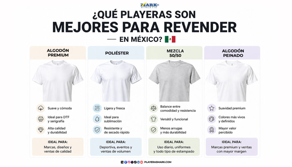 mejores playeras para revender en México comparativa algodón poliéster mezcla premium Playeras Mark