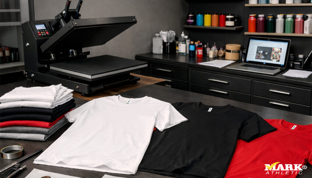 Mesa de trabajo premium con playeras lisas para DTF y prensa térmica profesional