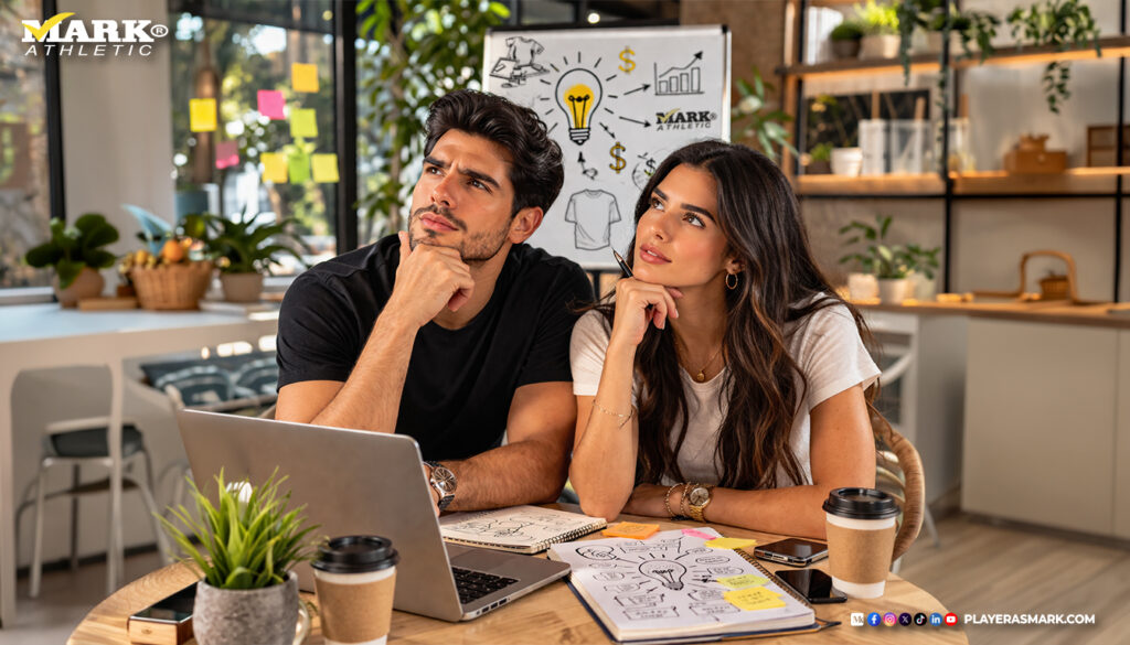 Pareja mexicana pensando en cómo empezar un negocio de playeras en México, planeando emprendimiento de venta de playeras al mayoreo Playeras Mark