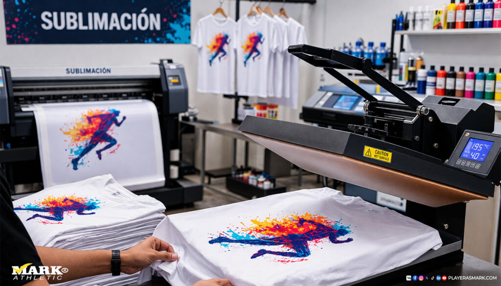 Sublimación de playeras blancas de poliéster en proceso con plancha térmica e impresión textil en taller