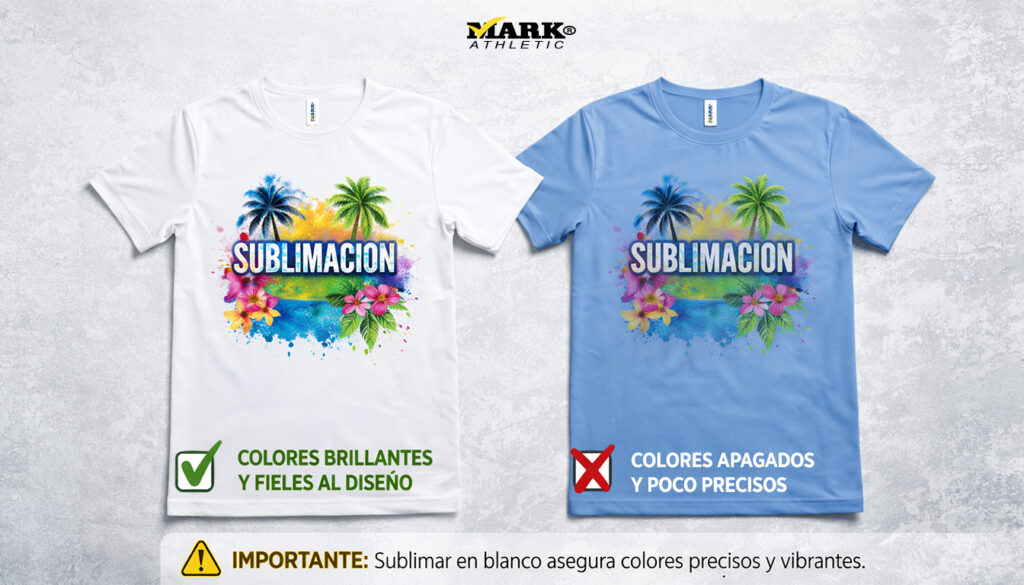 Comparativa de sublimación en playera blanca vs playera de color mostrando diferencia en intensidad de colores