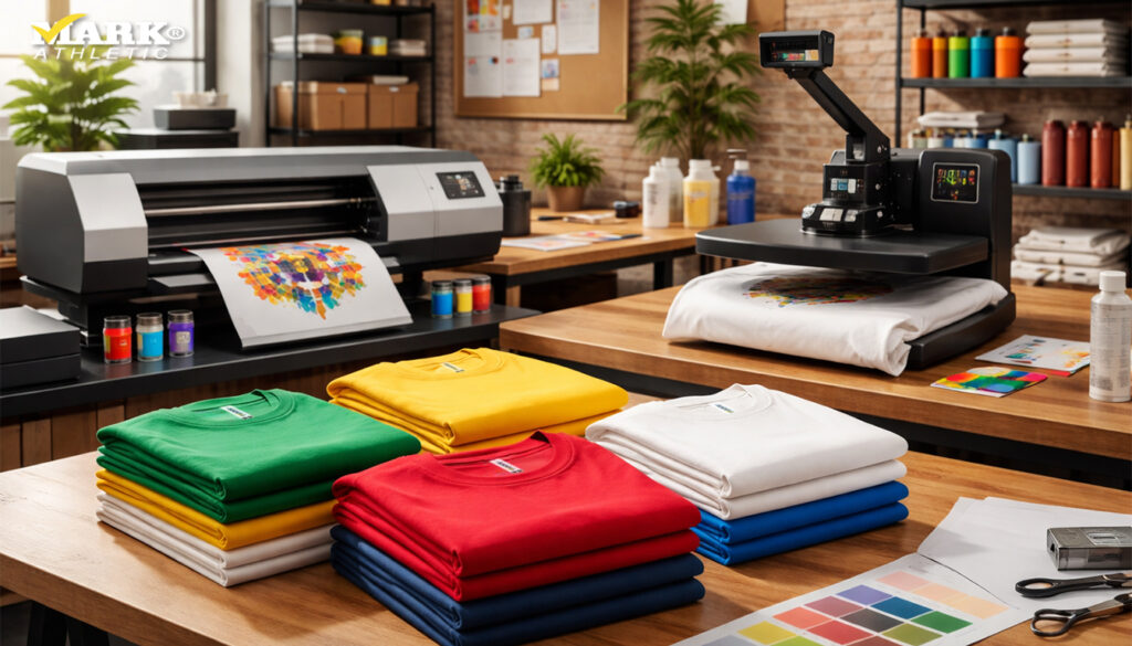 Taller de emprendimiento textil con impresora DTF, estación de calor y playeras dobladas