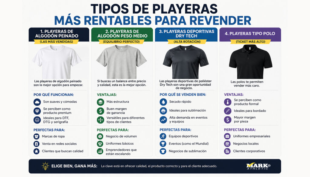 tipos de playeras más rentables para revender en México algodón peinado peso medio dry tech y polo comparativa Playeras Mark