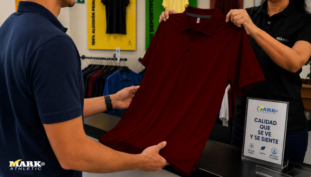 Cliente viendo una playera polo vino Dry Tech de Playeras Mark en tienda física, mostrando textura premium, caída ligera y apariencia profesional para uniformes modernos.