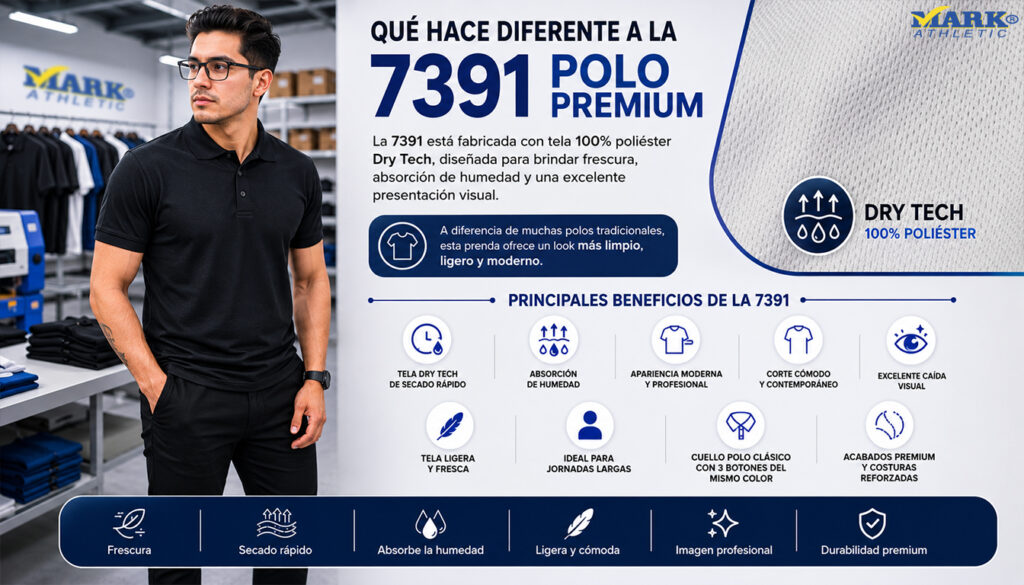 Infografía de la playera 7391 Polo Premium Dry Tech negra de Playeras Mark con textura Dry Tech, beneficios técnicos y uso profesional para uniformes empresariales.