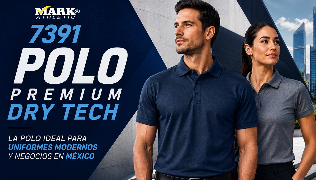 Playera 7391 Polo Premium Dry Tech para uniformes modernos y negocios en México, modelo corporativo con polo azul marino y gris en entorno ejecutivo.