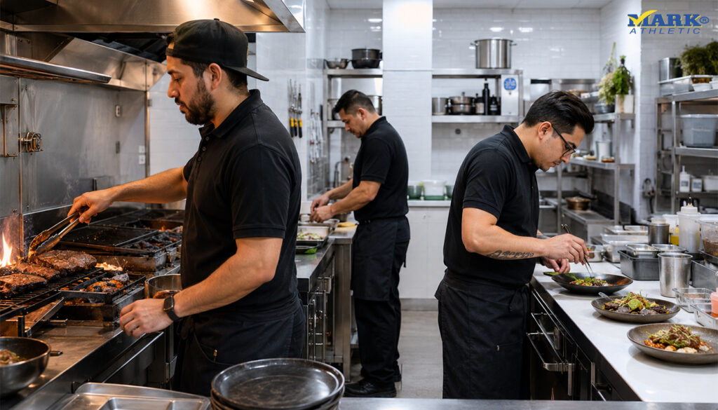 Chef profesional usando la playera 7391 polo premium negra de Playeras Mark en cocina de restaurante moderna con uniforme gastronómico elegante y cómodo.