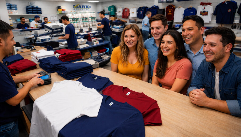 Clientes comprando playeras 9901 peso medio en tienda de mayoreo Playeras Mark